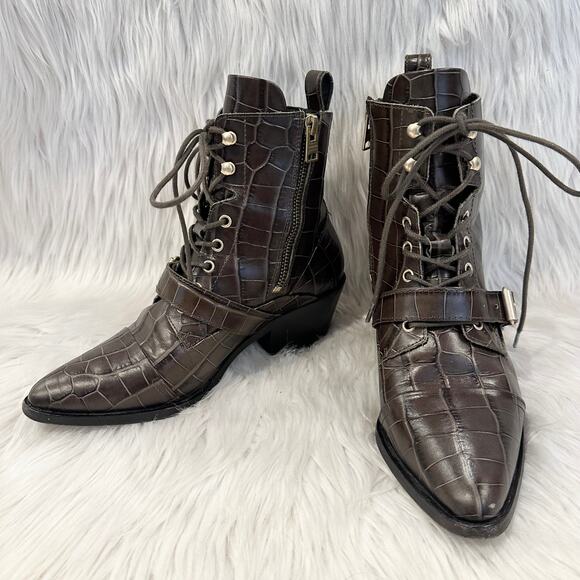 ALLSAINTS Katy Croc Ankle Boots Leather Lace Up Buckle Pointed Toe Heeled, Brown - Picture 7 of 14
